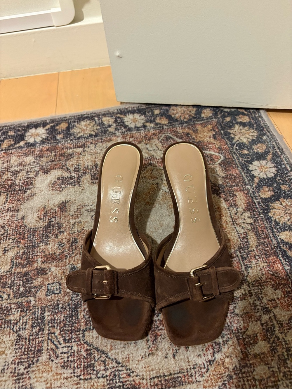 GUESS Brown Suede Buckle Slide Heels